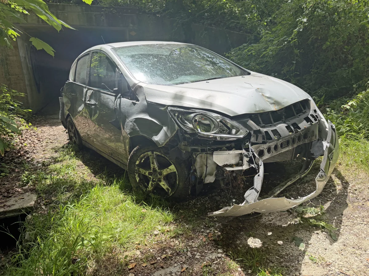Ein graues Auto steht beschädigt und mit kaputter Stoßstange in einem bewaldeten und schattigen Bereich.