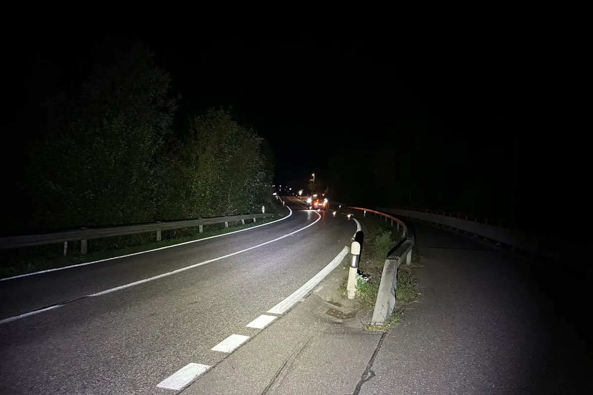 Auf einer kurvigen Landstraße bei Nacht leuchten die Lichter eines Fahrzeugs. Die Umgebung ist dunkel, und die Straße wird von Leitplanken gesäumt.