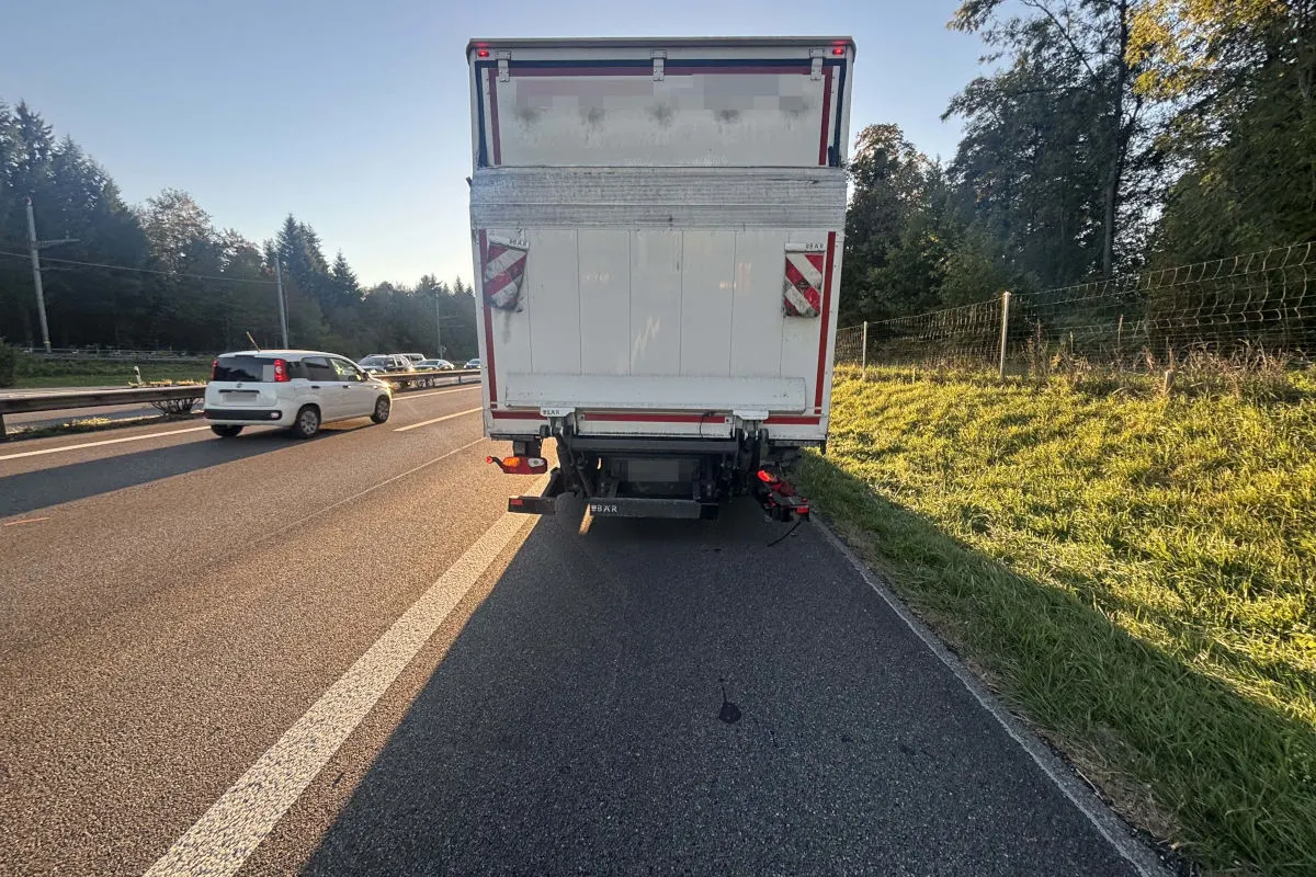 Ein Lastwagen parkt auf dem Seitenstreifen einer Autobahn. Die rechte Fahrspur ist frei, während andere Fahrzeuge vorbeifahren. Es ist ein klarer Tag.