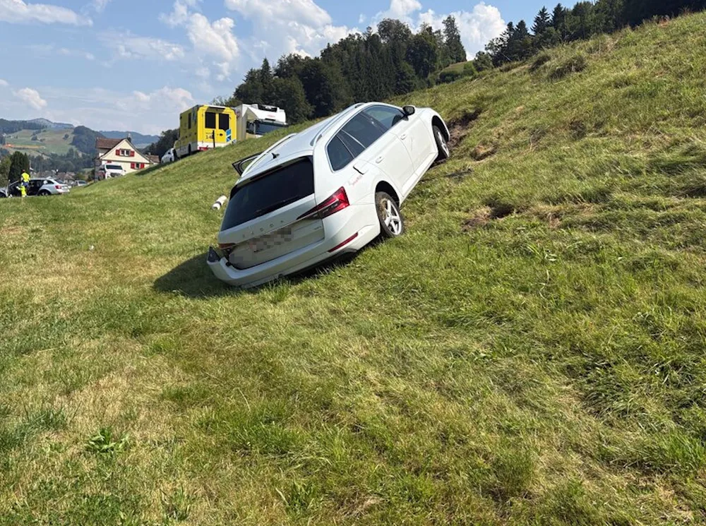 Ein weißes Auto ist von der Straße abgekommen und steckt an einem grasbewachsenen Abhang fest. Im Hintergrund sind mehrere Fahrzeuge und Gebäude sichtbar.