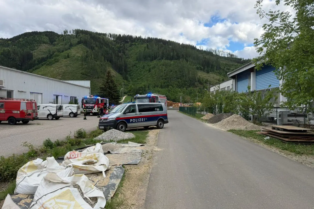 Ein Polizeifahrzeug steht auf einer ländlichen Straße, umgeben von mehreren Feuerwehrfahrzeugen. Der Himmel ist bewölkt, und im Hintergrund sind grüne Hügel zu sehen.