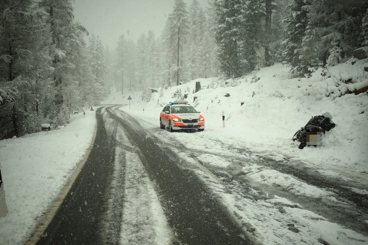 Ein Polizeiwagen parkt auf einer verschneiten Straße, umgeben von einem schneebedeckten Waldgebiet. Die Szene wirkt winterlich und ruhig.