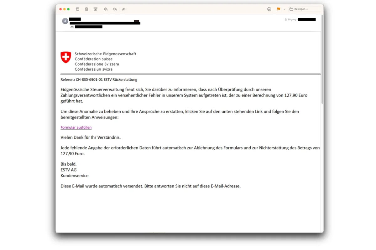 Cybercrime - Betrügerische Mails von der angeblichen Eidgenössischen Steuerverwaltung