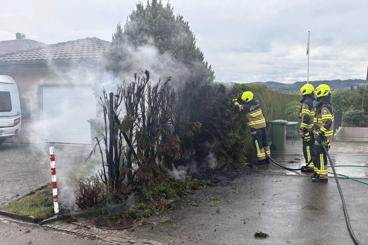 Drei Feuerwehrleute in gelben Helmen und reflektierenden Anzügen löschen mit Schläuchen einen brennenden Busch. Rauch steigt aus dem Busch auf, und im Hintergrund ist ein Wohnhaus und ein Wohnwagen sichtbar.