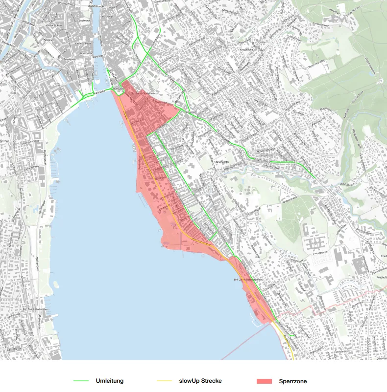 Eine Karte zeigt eine rote Sperrzone in der Stadt entlang eines Flusses, mit grün markierten Umleitungen.