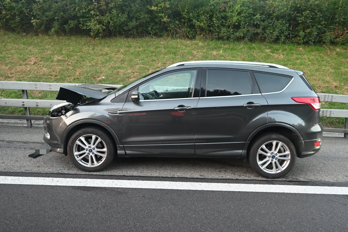 Ein grauer SUV steht auf der Straße mit erheblichem Frontschaden. Es ist eine Leitplanke zu sehen, und im Hintergrund ist dichtes Grasbewuchs erkennbar.