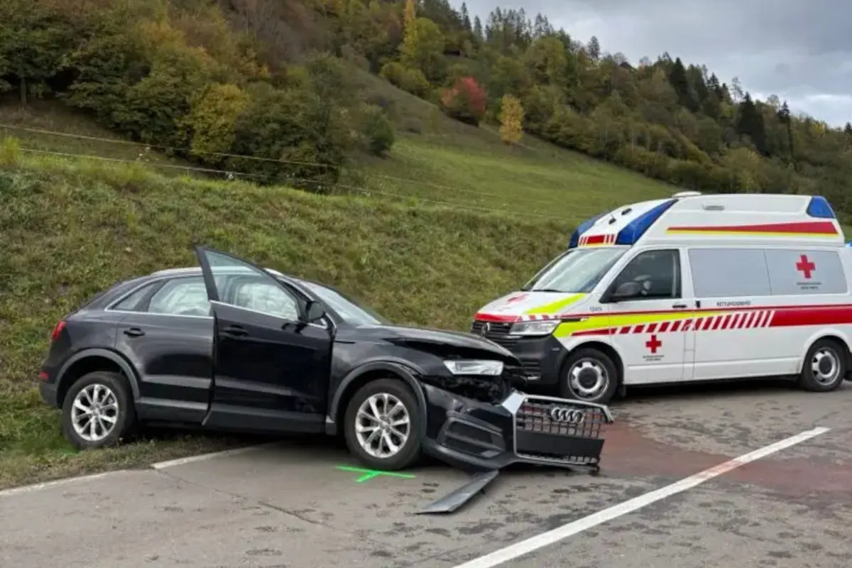 Ein schwarzer Audi mit geöffneten Türen und beschädigter Front steht auf einer Landstraße neben einem Rettungswagen. Im Hintergrund sind Herbstbäume zu sehen.