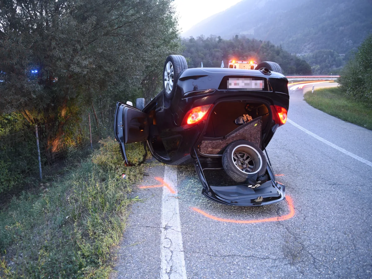 Ein schwarzer Pkw liegt umgestürzt auf dem Dach am Rand einer Landstraße. Im Hintergrund ist ein Rettungsfahrzeug sichtbar.