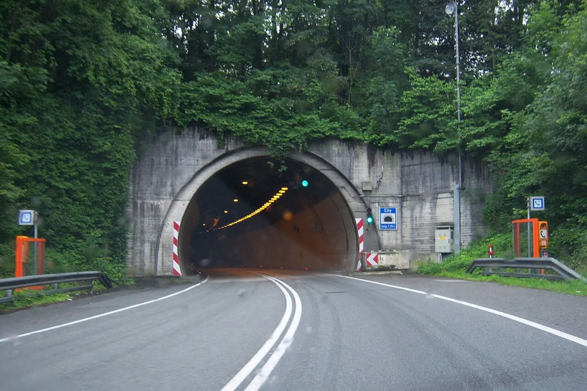Der Eingang eines Tunnels ist von dichten Bäumen und Vegetation umrahmt. Der Tunnel ist beleuchtet und führt geradeaus.