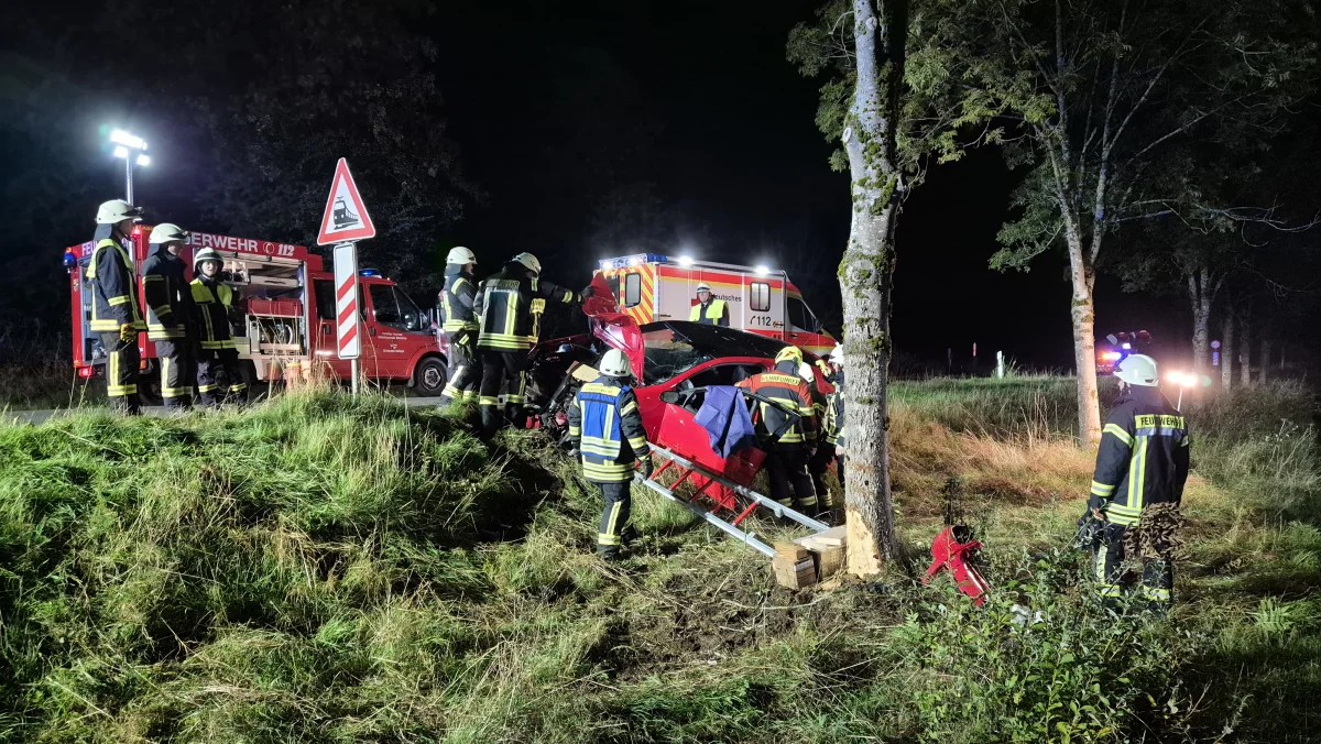 Bei Nacht arbeiten mehrere Feuerwehrleute an einem verunfallten roten Auto, das gegen einen Baum gefahren ist, während ein Feuerwehrfahrzeug beleuchtet steht.