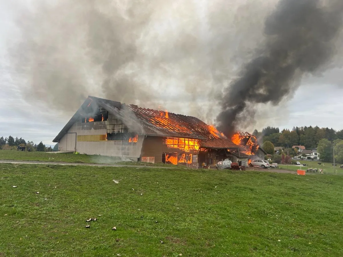 Ein großes Gebäude auf dem Land steht in Flammen, aus dem Dach schlagen Flammen und es steigt dichter Rauch auf. Im Hintergrund sind vereinzelte Bäume und kleinere Häuser zu erkennen.