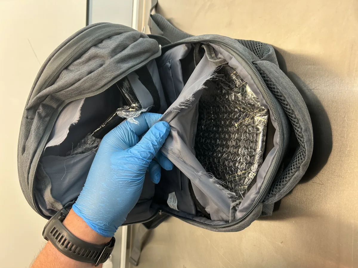 Eine Hand in einem blauen Handschuh hält einen grauen Rucksack offen, in dem Aluminiumfolie sichtbar ist. Der Rucksack liegt auf einer Oberfläche.