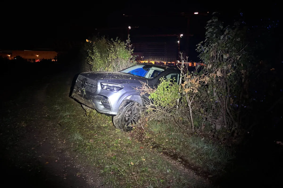 Ein silberner Mercedes ist von der Straße abgekommen und in einem Busch gelandet, fotografiert bei Nacht. Das Fahrzeug ist teilweise von Vegetation umgeben.