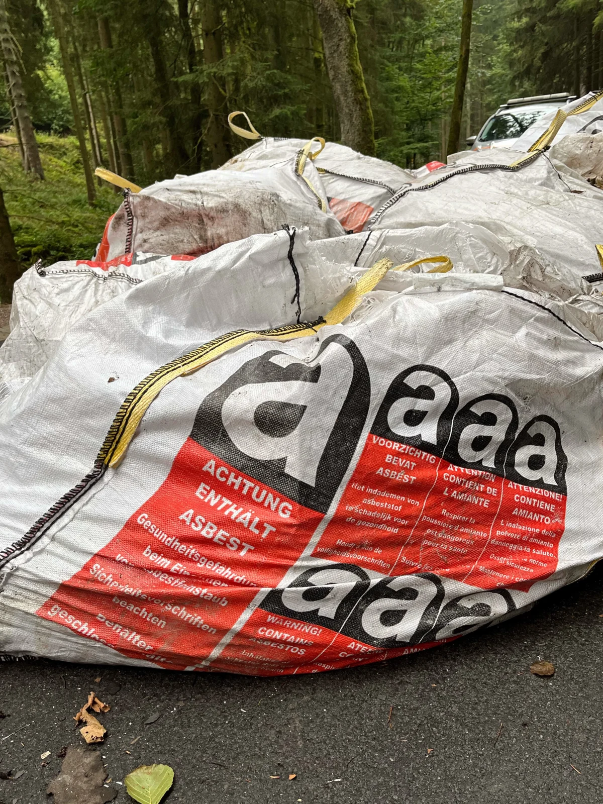 Ein großer Sack mit der Aufschrift 'Achtung enthält Asbest' liegt im Wald. Rechts ist ein Teil eines Autos sichtbar.