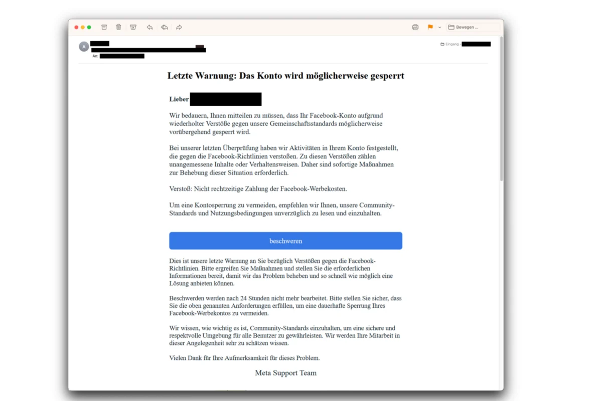 Betrügerische Warnung im Namen von Facebook