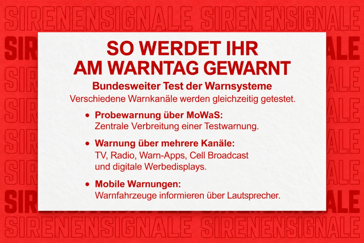 Ein Informationsplakat beschreibt, wie beim bundesweiten Warntag gewarnt wird, einschließlich Kanal und Methoden.