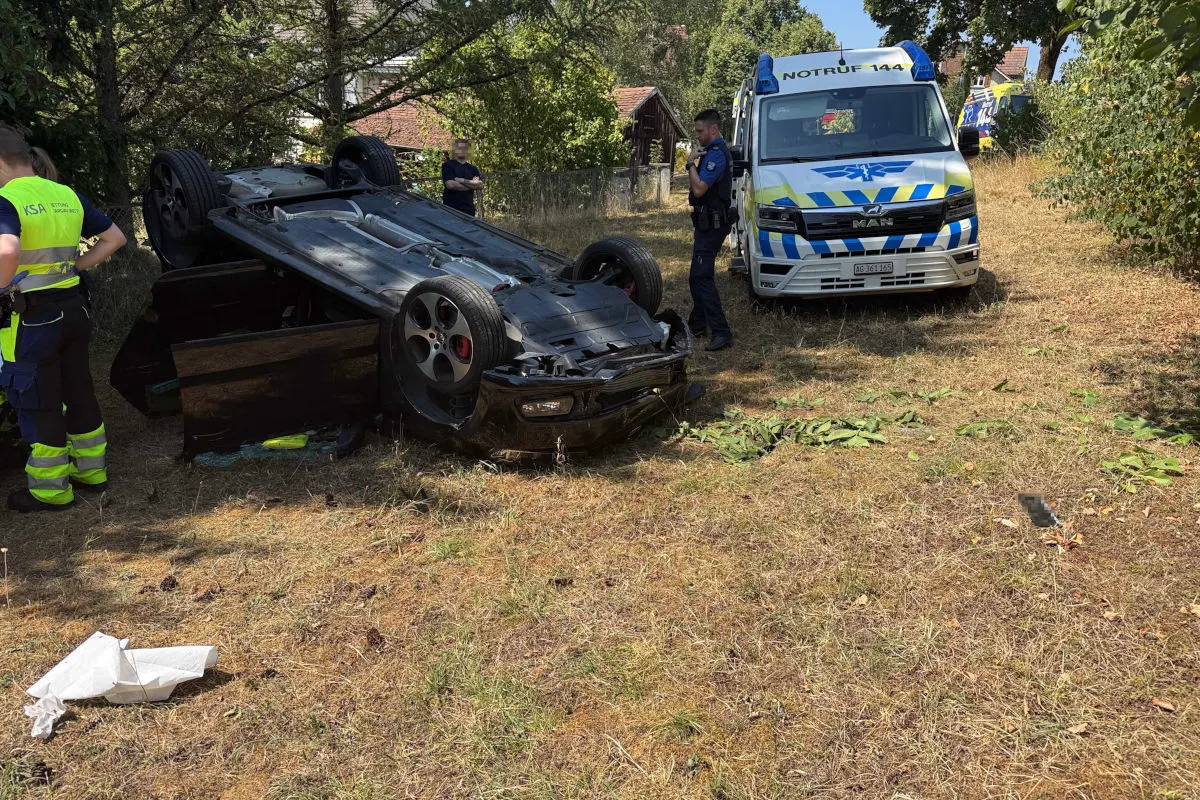 Ein umgestürztes Auto liegt auf dem Dach auf einer trockenen Wiese. Rettungskräfte und ein Krankenwagen sind vor Ort.