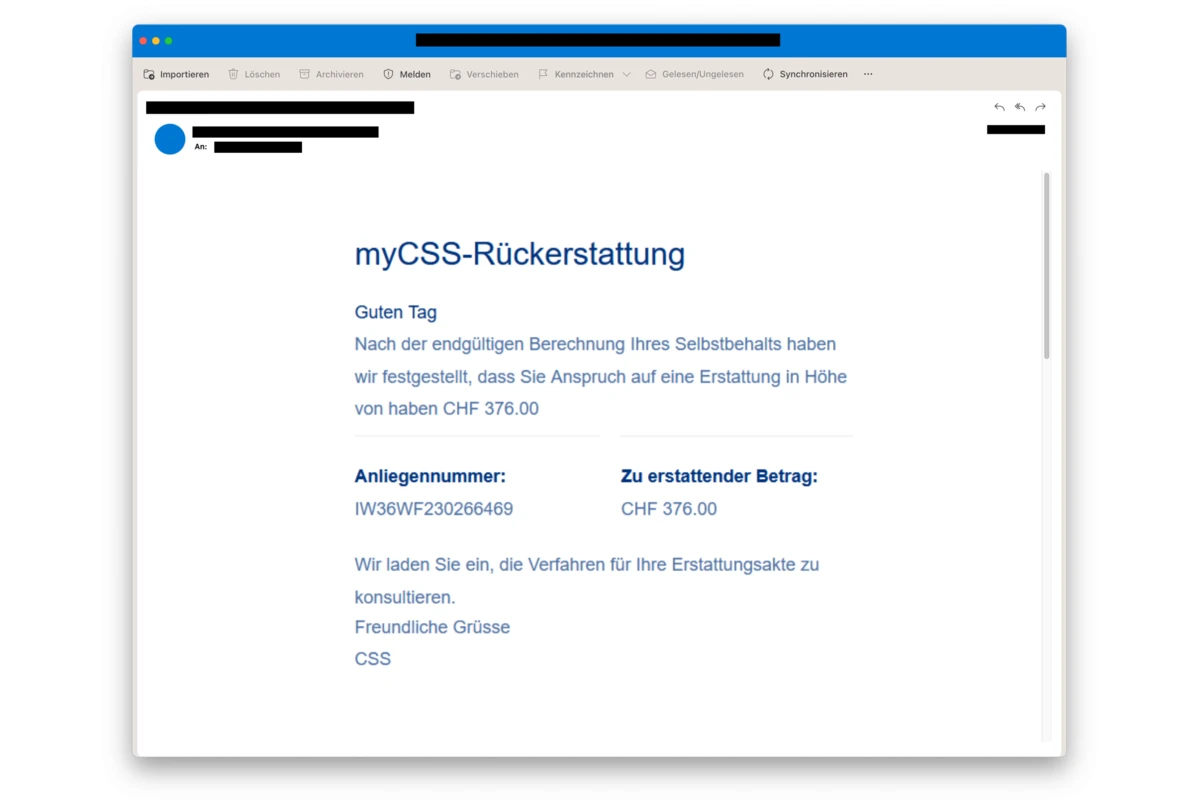 Angebliche finanzielle Rückerstattung von der CSS-Krankenkasse