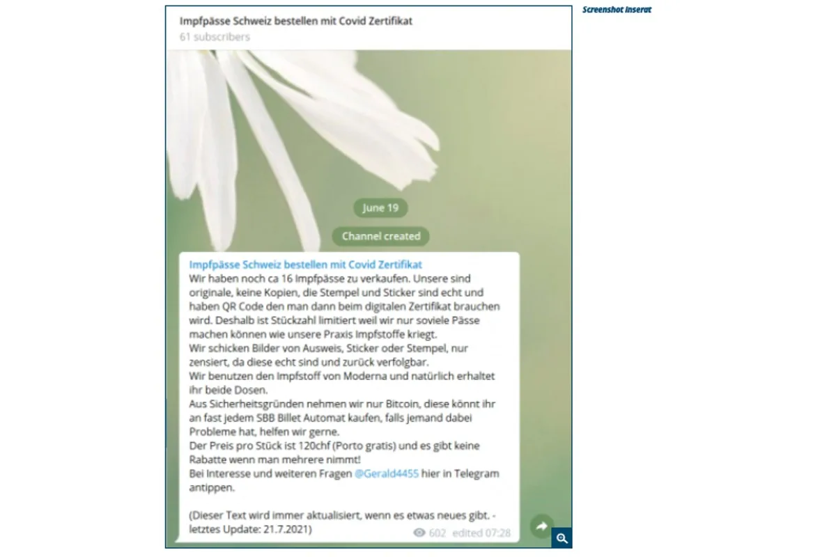 Warnung - Betrüger bieten "echte" Covid Zertifikate auf Telegram an - liefern aber nicht!