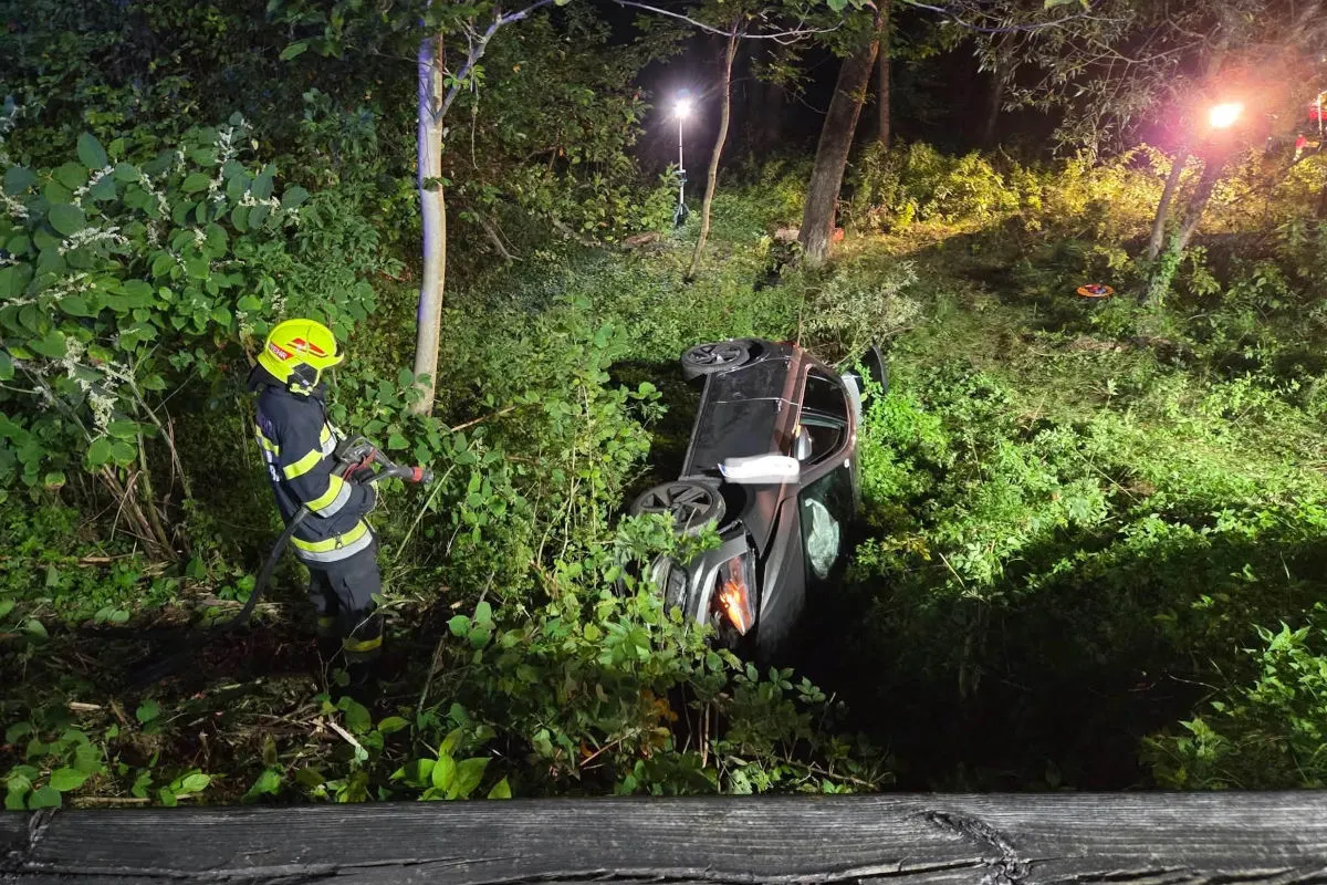 Ein Feuerwehrmann in schützender Kleidung arbeitet an einem umgestürzten Auto in einem dicht bewachsenen Waldgebiet. Das Ereignis findet nachts statt, erhellt durch künstliches Licht.