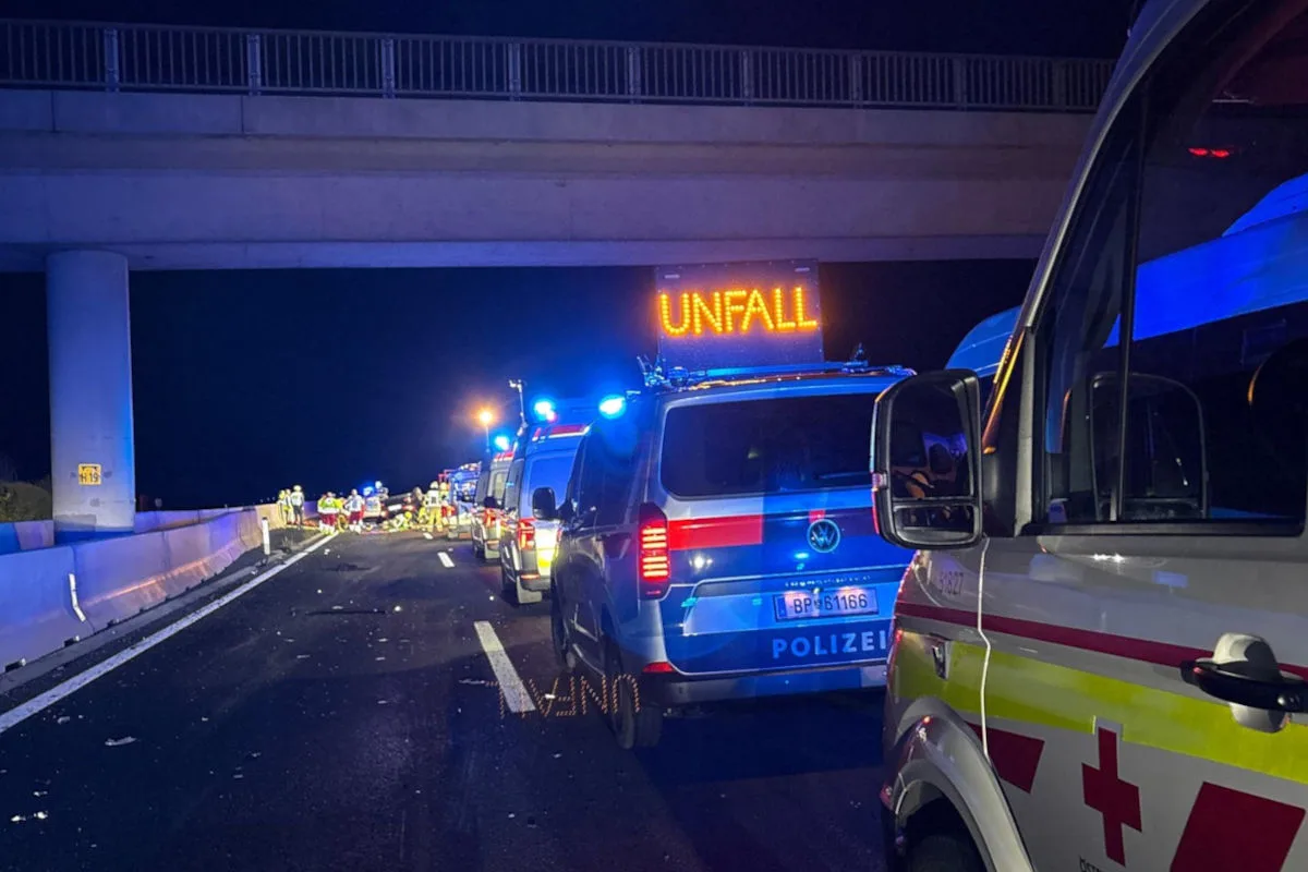 Mehrere Einsatzfahrzeuge mit eingeschaltetem Blaulicht stehen auf einer nächtlichen Autobahn unter einer Brücke. Eine Unfallanzeige ist sichtbar.