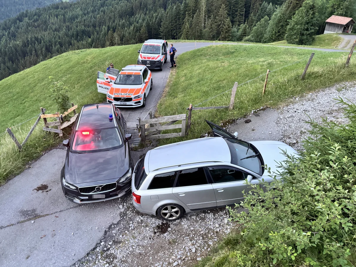 Zwei Polizeiwagen stehen hinter einem Auto auf einer kurvigen Bergstraße in ländlicher Umgebung. Ein Polizist steht neben einem Fahrzeug.
