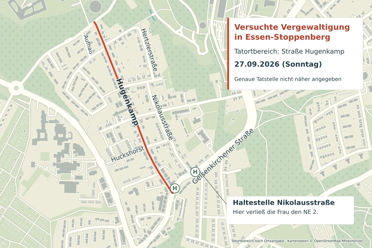 Die Karte zeigt die Straße Hugenkamp in Essen-Stoppenberg als Tatort eines Vorfalls am 27.09.2026. Eine Haltestelle ist ebenfalls hervorgehoben.
