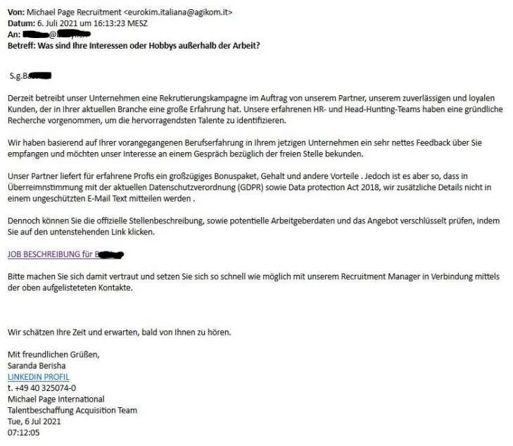Warnung vor Trojaner - Jobangebot im Namen von Michale Page