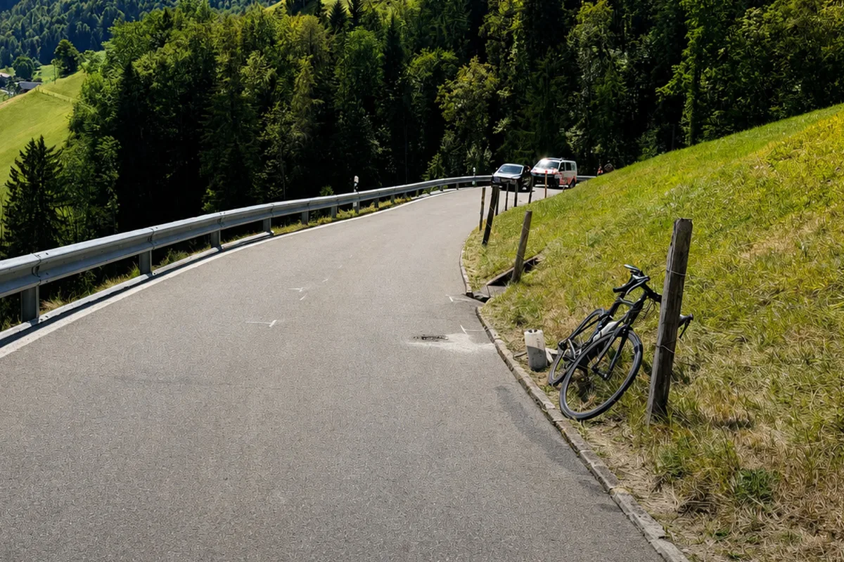 Ein Fahrrad liegt beschädigt neben dem Straßengraben einer kurvenreichen Bergstraße. Im Hintergrund sind Polizeifahrzeuge sichtbar.