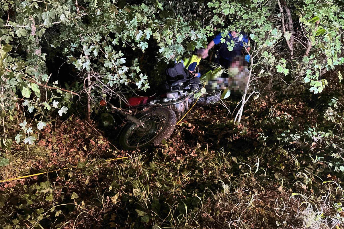 Ein Motorrad liegt im dichten Unterholz eines Waldes, umgeben von Blättern und Ästen. Zwei Personen sind teils verdeckt zu sehen.