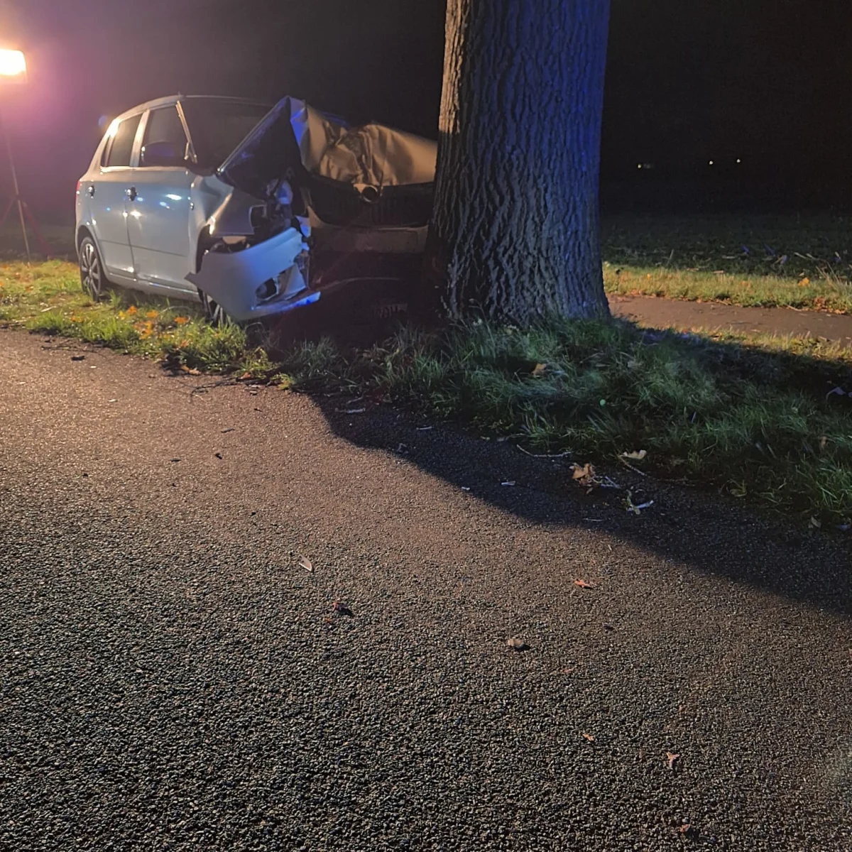 Ein silbernes Auto steht frontal gegen einen Baum. Der Unfall geschah nachts, das Fahrzeug ist stark beschädigt.