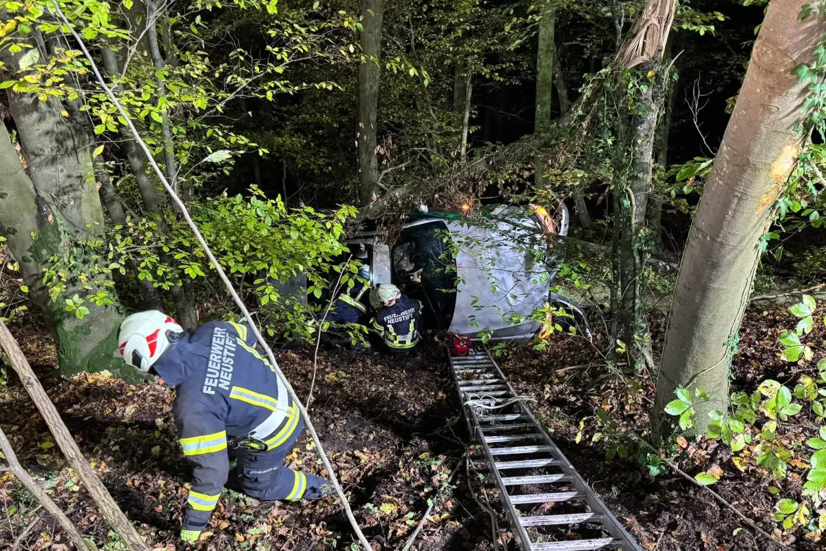 Im Wald liegt ein Auto auf der Seite. Feuerwehrleute im Einsatz versorgen die Unfallstelle bei Nacht.