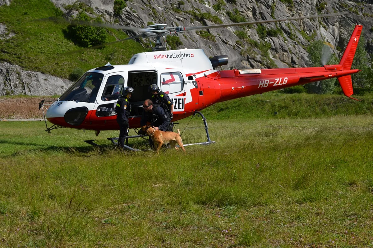 Kapo Graubünden trainiert Ernstfall mit Helikopter und Hunden