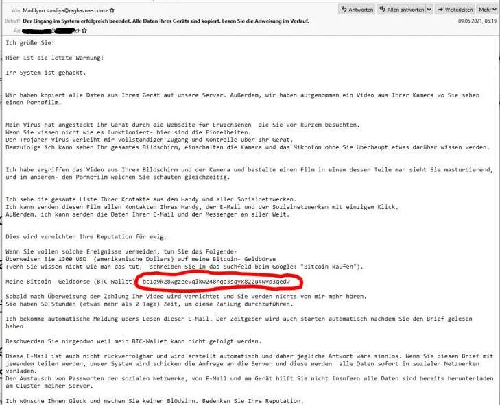 Warnung - Seit einer Woche läuft eine Erpresser Mail Welle