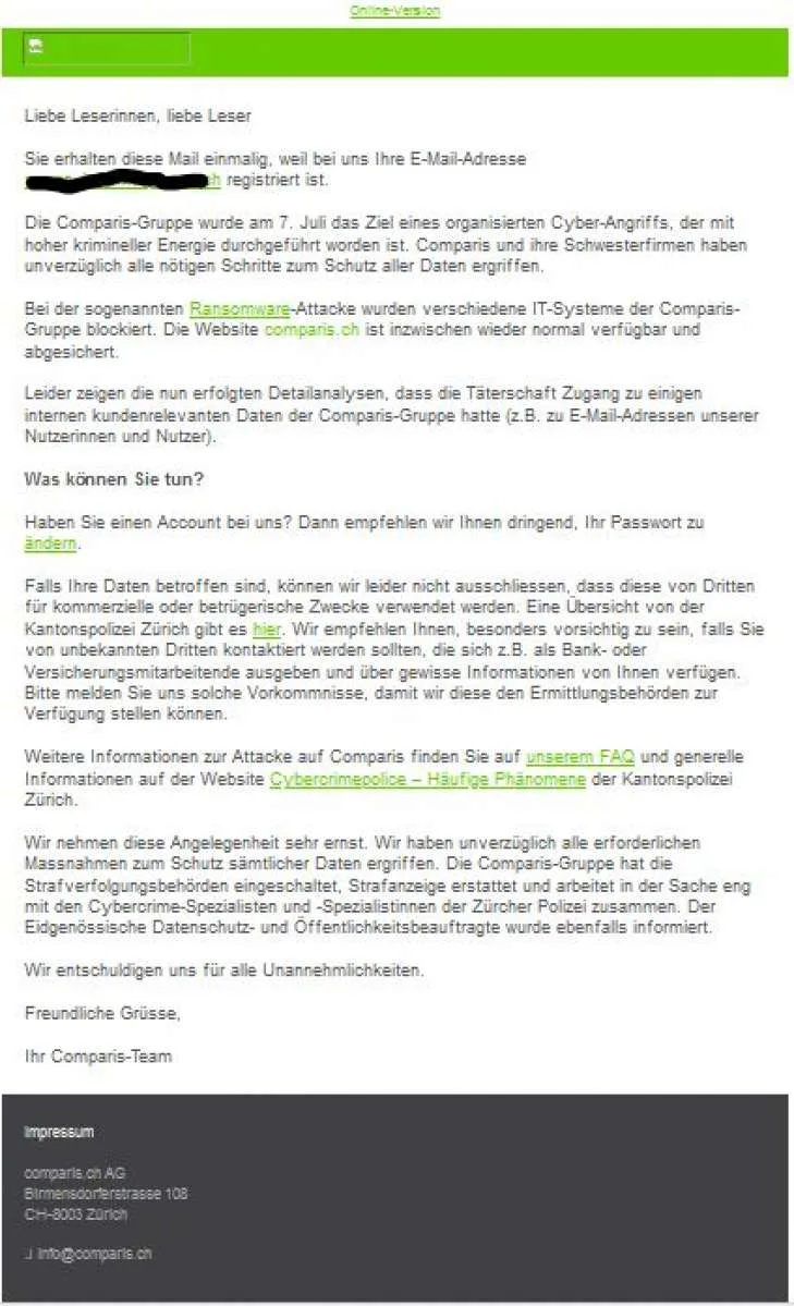 Comparis Kunden und Kundinnen müssen sich vor drohenden Angriffen schützen