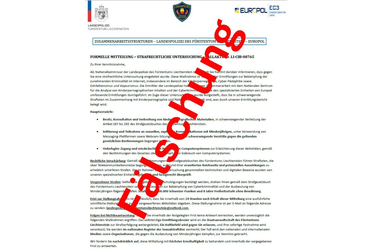 Liechtenstein – Landespolizei warnt vor gefälschten E-Mails