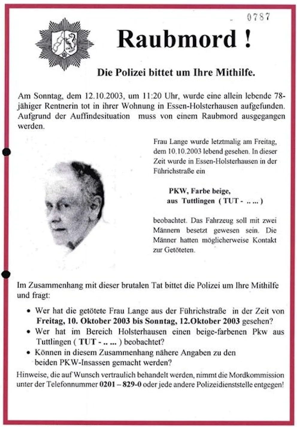 Cold Case Cäcilia Lange (2003) – Ungeklärter Raubmord in Essen
