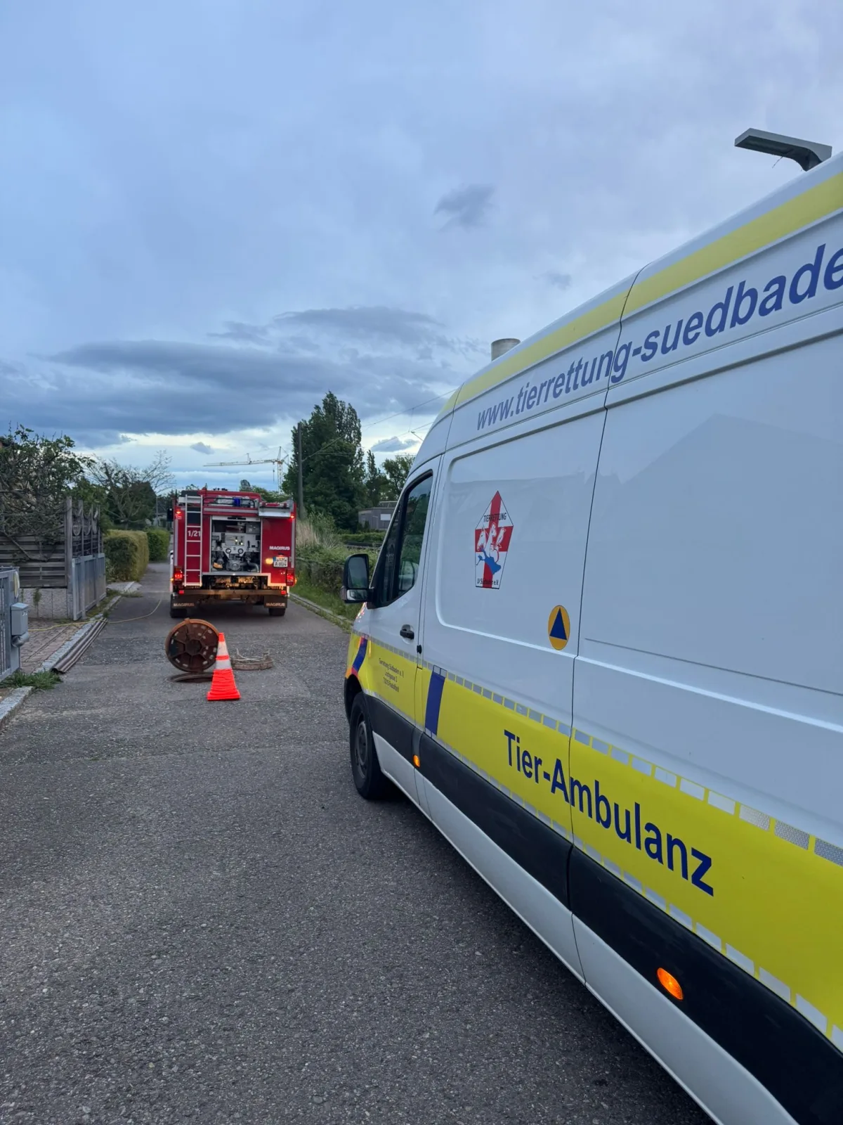 Ein weiß-gelber Tier-Rettungswagen steht in einer Straße. Im Hintergrund befindet sich ein roter Feuerwehrwagen.