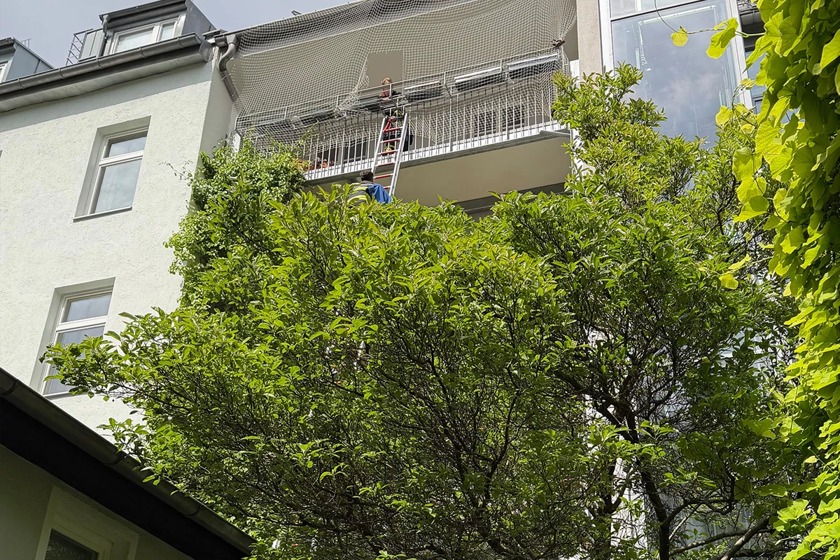 Ein Mehrfamilienhaus mit mehreren Balkonen, wo Rettungskräfte auf einer Leiter ein Sicherungsnetz anbringen. Junge Bäume verdecken teilweise die Sicht.