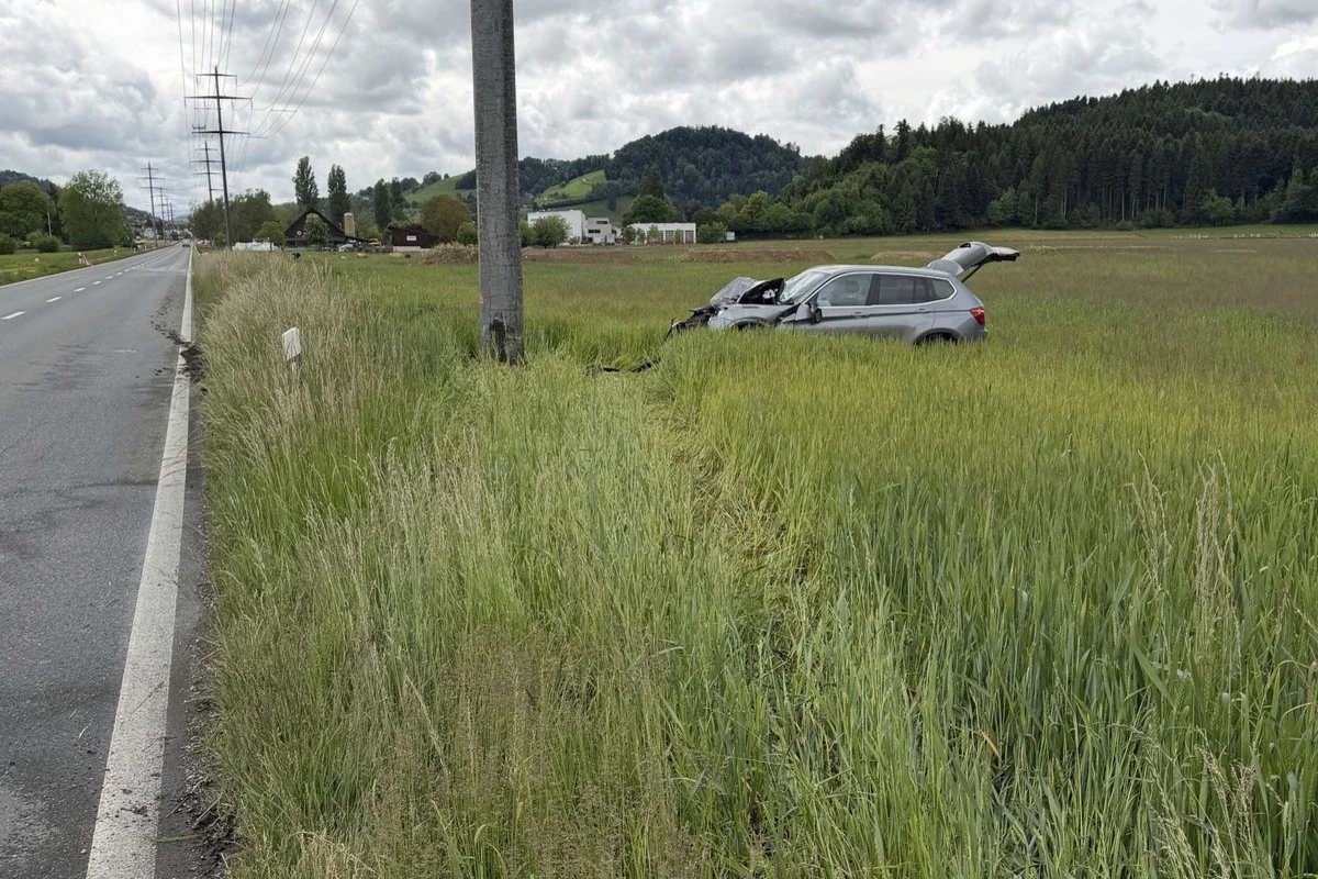 Ein silbergrauer Pkw steht nach einem Unfall auf einem Feld neben einer Landstraße, frontal gegen einen Betonmast gefahren. Im Hintergrund sind Wälder und Hügel zu sehen.