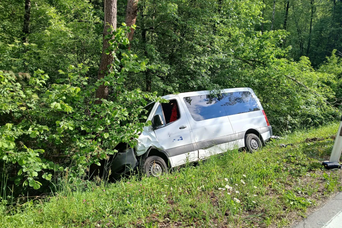 Ein weißer Van ist rechts von der Straße abgekommen und gegen einen Baum geprallt. Der Van steht im Grünen, ohne dass Personen sichtbar sind.