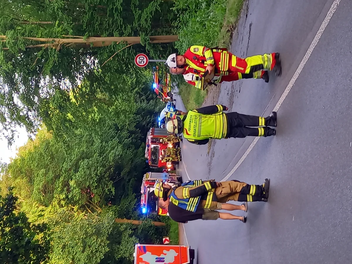 Das Bild zeigt mehrere Feuerwehrkräfte in Warnwesten auf einer Landstraße, die von Bäumen gesäumt ist. Im Hintergrund sind Feuerwehrfahrzeuge mit eingeschaltetem Blaulicht zu sehen.