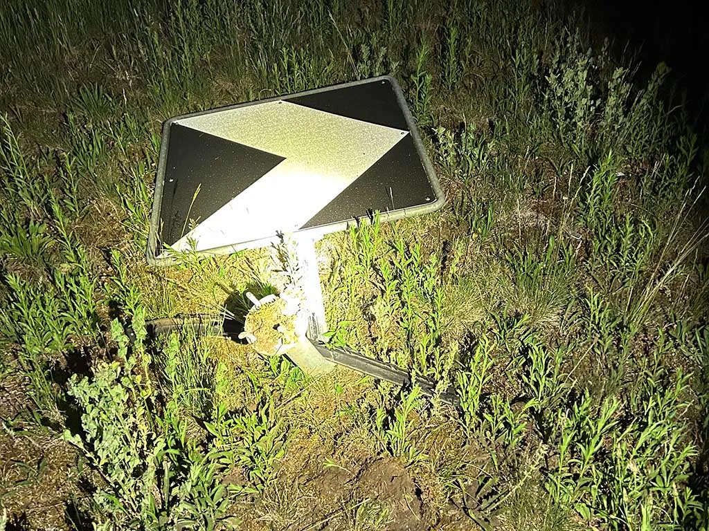 Ein Verkehrsschild liegt umgestürzt und beschädigt auf einer grünen bewachsenen Fläche. Die Szene ist bei Nacht beleuchtet.