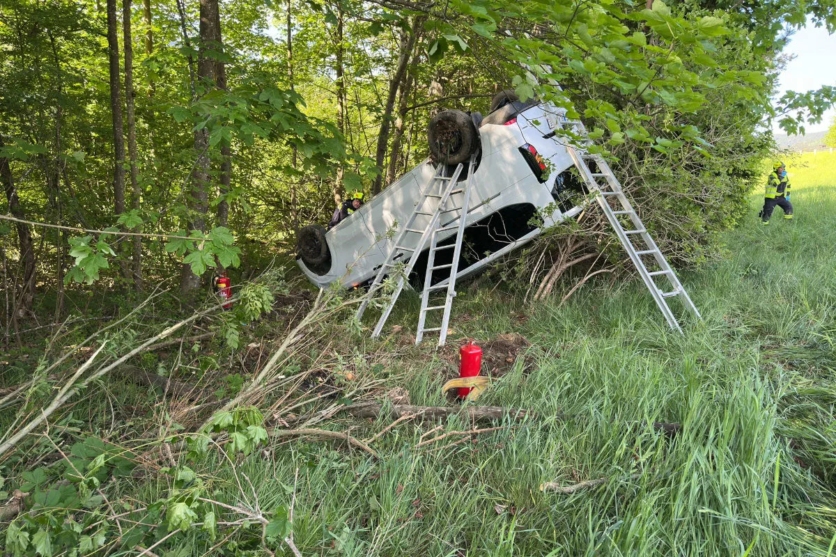 Ein Auto liegt auf dem Dach in einem Gebüsch. Feuerwehrleute sind mit Leitern vor Ort, um das Fahrzeug zu sichern.