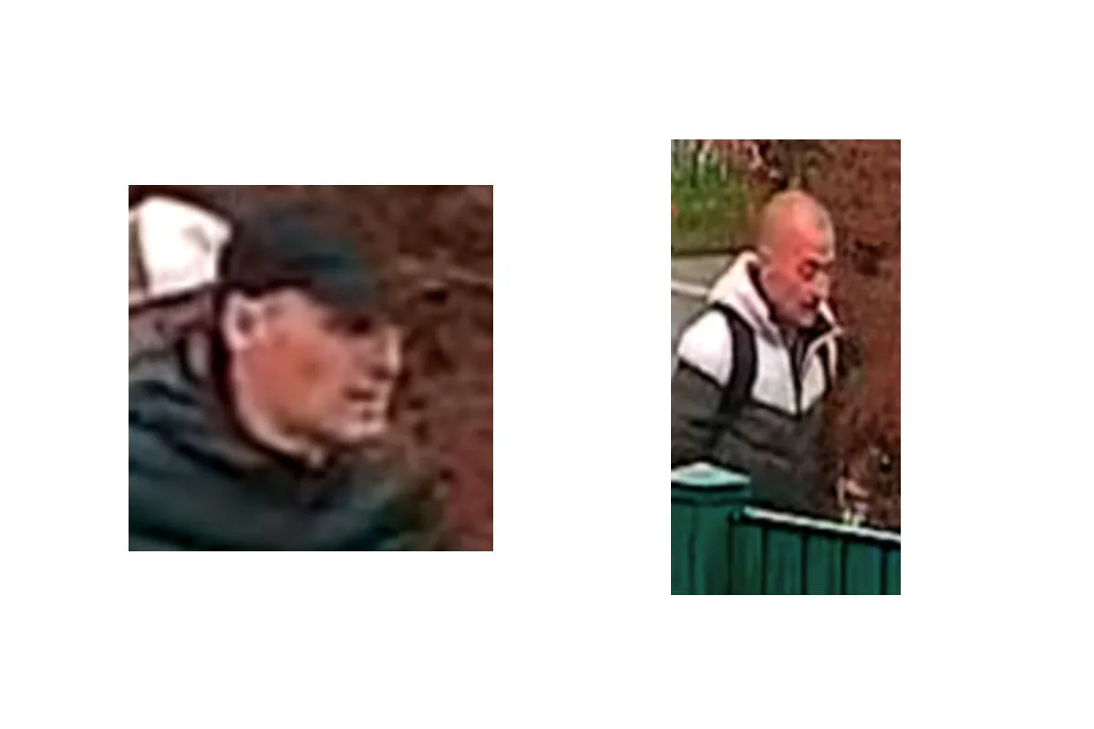 Nahaufnahme von zwei Männern, die als Verdächtige in einem Vorfall gesucht werden. Beide tragen sportliche Kleidung.