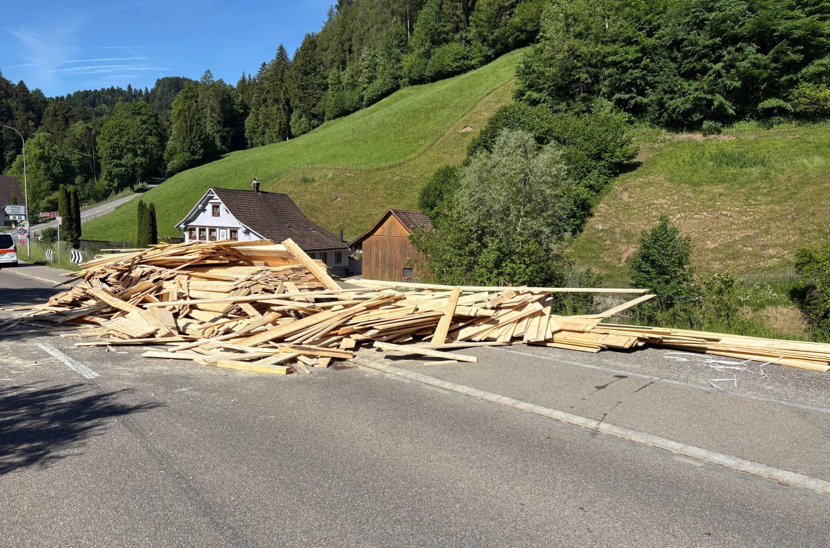 Ein großer Haufen Holzlatten liegt quer über einer Landstraße in einer ländlichen Gegend. Im Hintergrund sind ein Haus und grüne Hügel sichtbar.