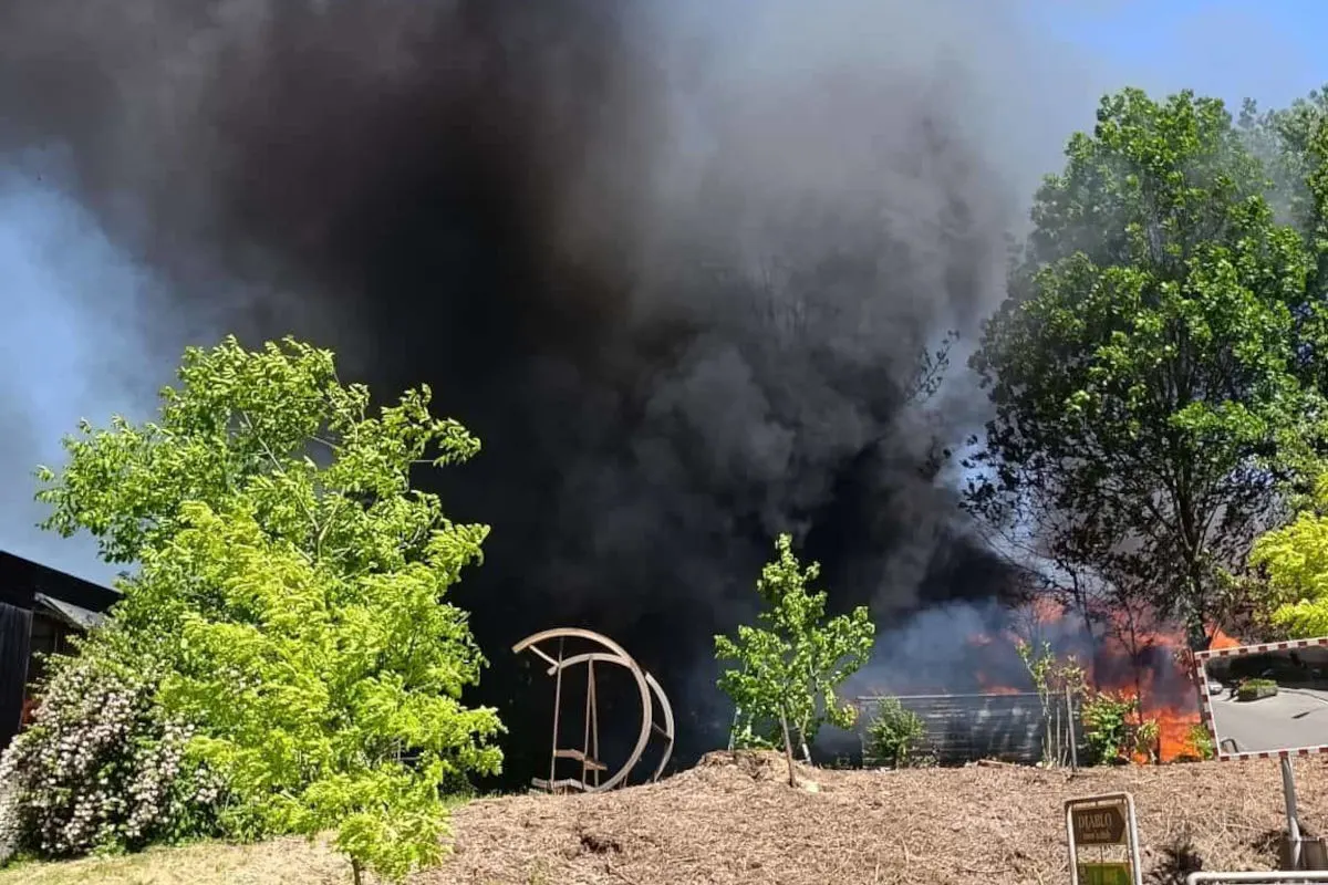Dichter schwarzer Rauch steigt in einer grünen, ländlichen Umgebung auf, möglicherweise durch ein Feuer verursacht.
