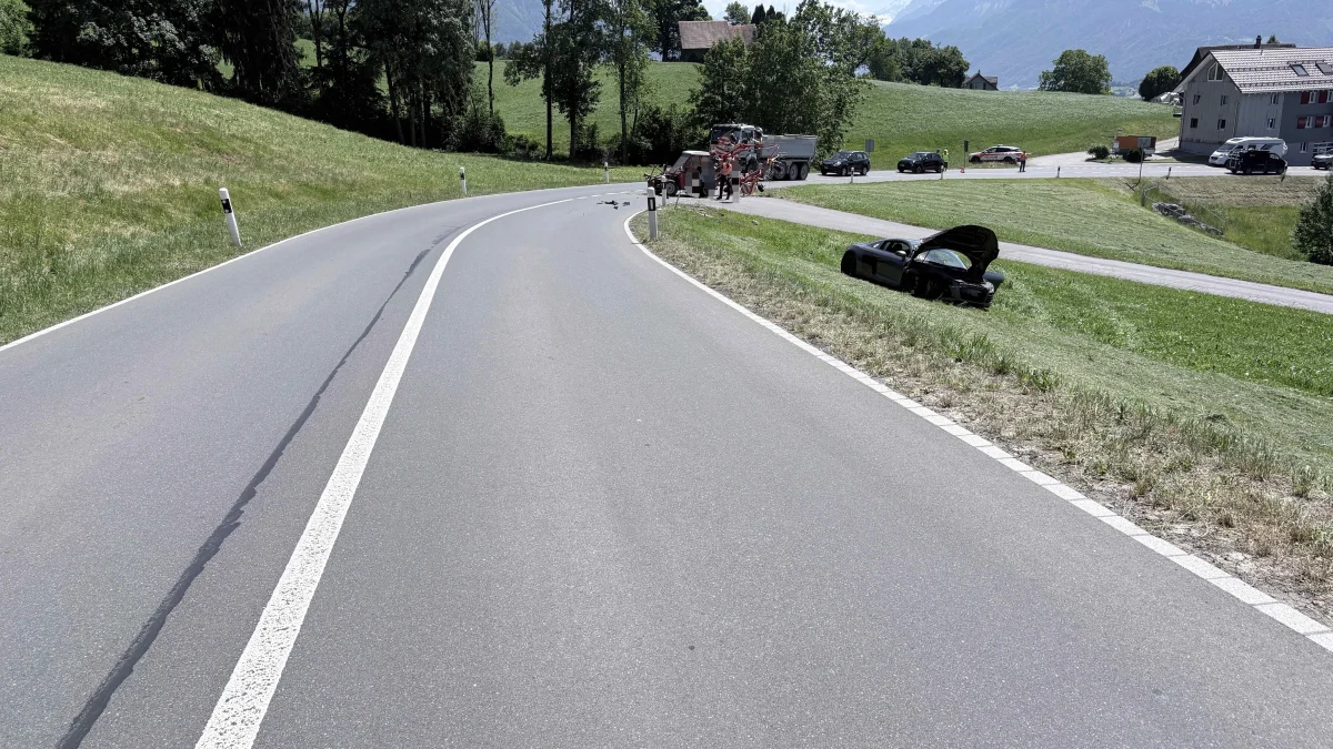 Ein schwarzer Sportwagen steht mit geöffneter Motorhaube im Graben neben einer Landstraße. Im Hintergrund sind weitere Fahrzeuge und Personen zu sehen.