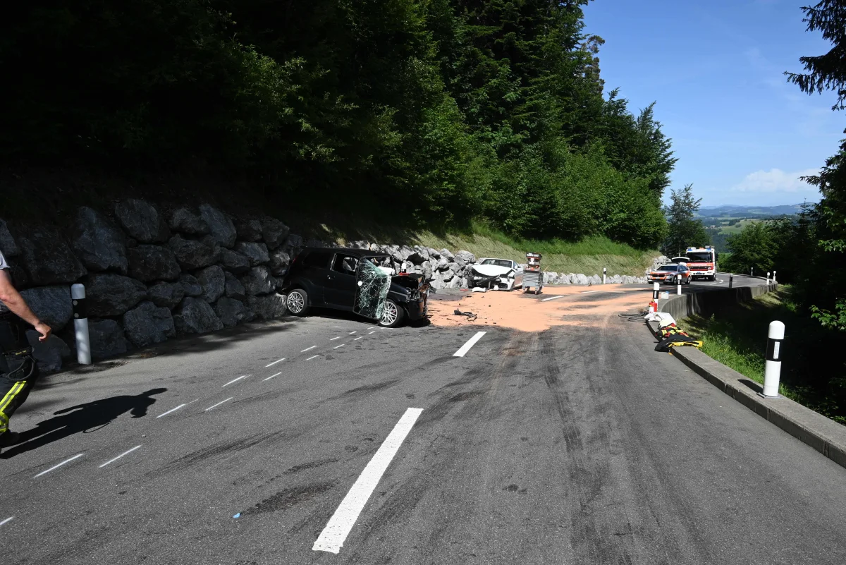 Zwei stark beschädigte Autos stehen an einer Böschung; im Hintergrund sind Rettungsfahrzeuge zu sehen.