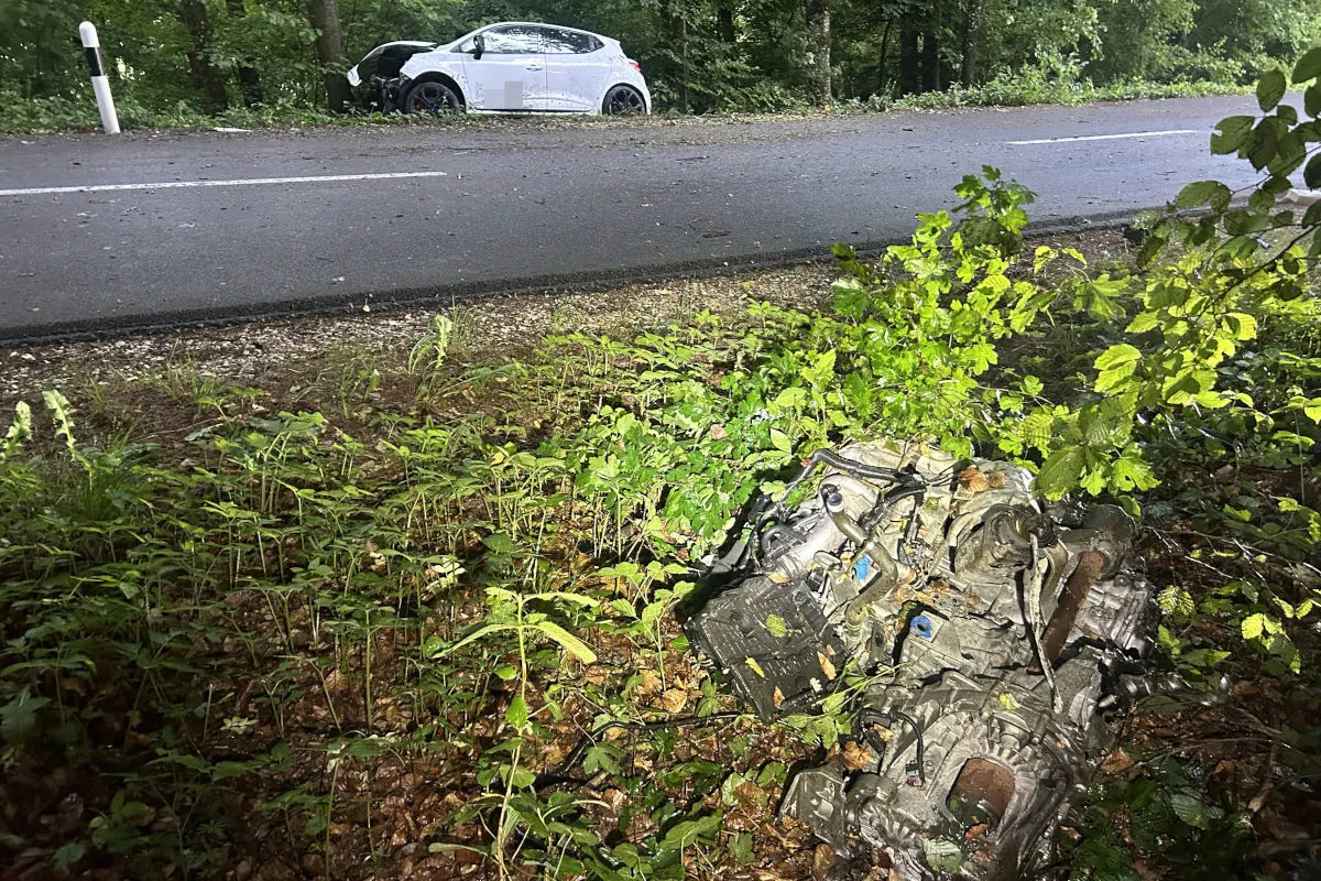Ein zerlegter Motorblock im Vordergrund liegt im Wald, während ein beschädigtes weißes Auto am Straßenrand im Hintergrund sichtbar ist.